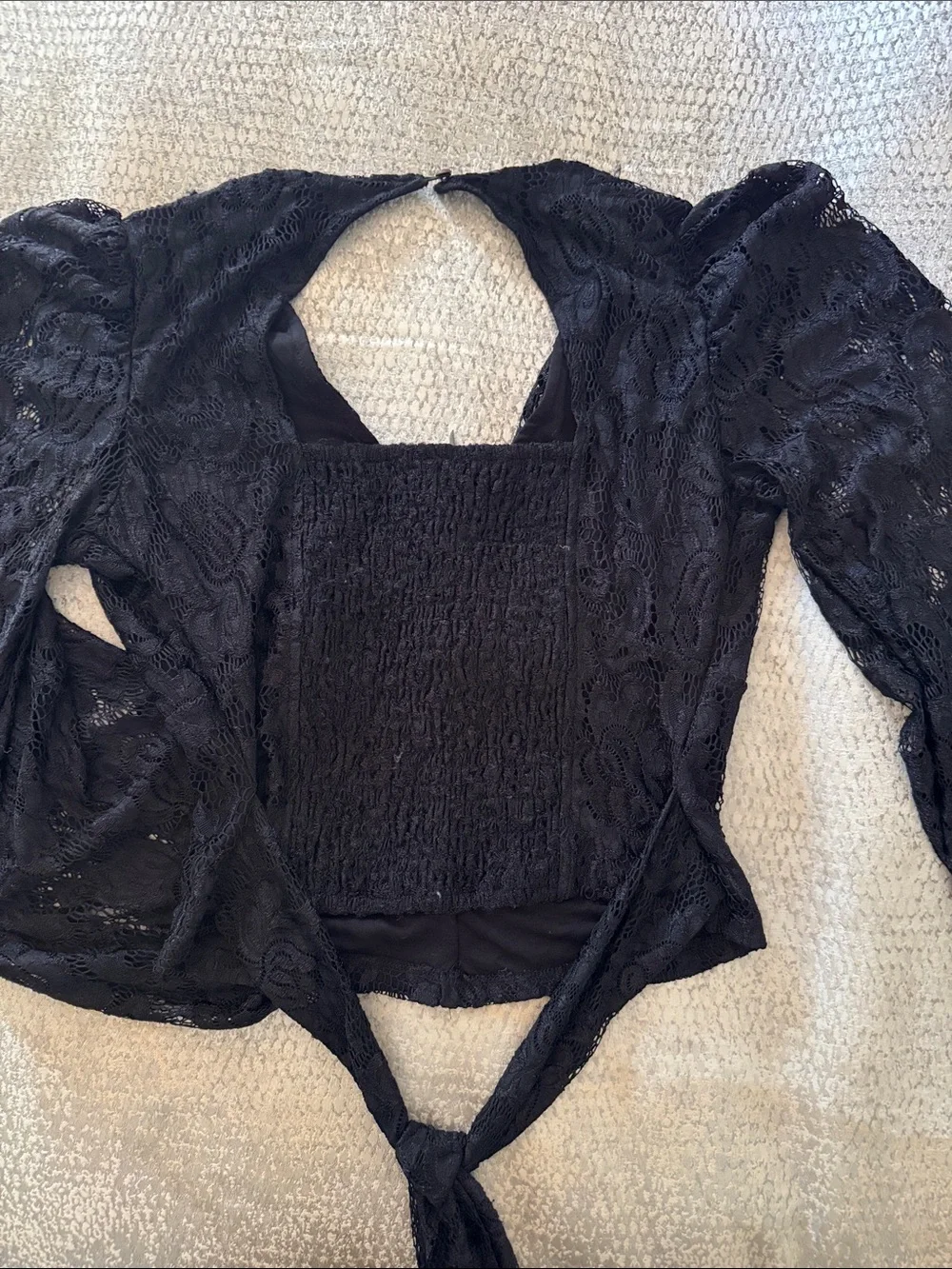 Anthropologie Black Floral Lace V-Neck Tie-Back Blouse